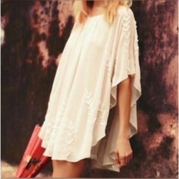 Free People Beaded Pointed Cape Drape Mini Dress Chiffon Sheer Cream Small - Picture 4 of 14